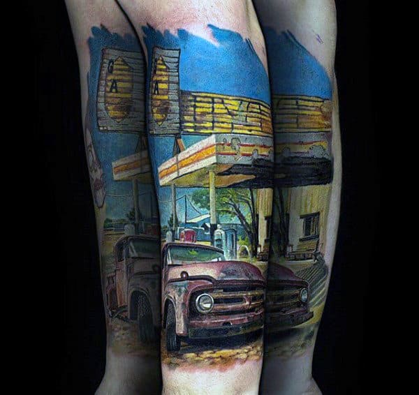Truck At Gas Station Mens Forearm Tattoo With Colorful Design