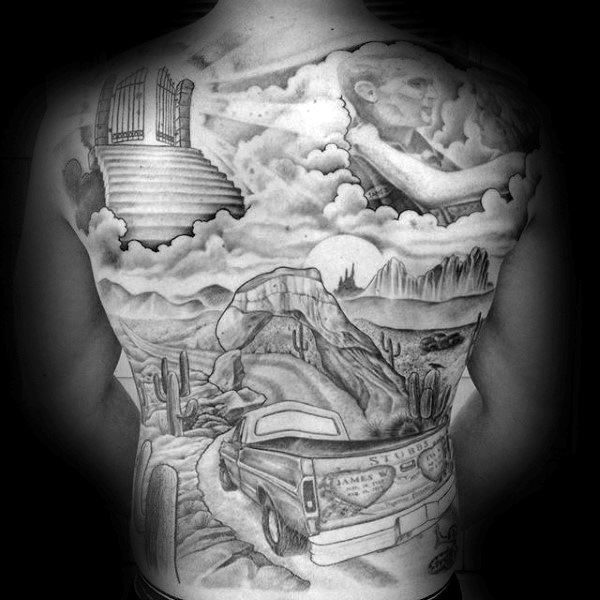 Truck With Gates Of Heaven Mens Full Back Tattoos