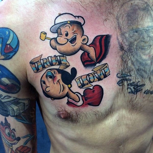 True Love Old School Mens Popeye And Olive Oyl Chest Tattoos