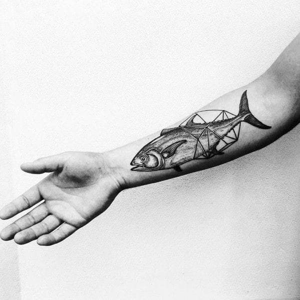 Geometric and realistic tuna fish tattoo on a man's forearm, featuring fine line details, shading, and abstract geometric elements.
