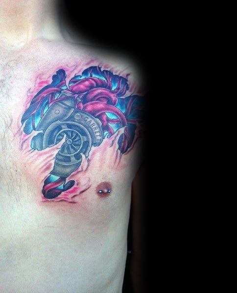 Hyper-realistic **Garrett turbocharger** tattoo on the chest with **ripped skin and veins**, blending mechanical power with organic elements, symbolizing passion for speed.
