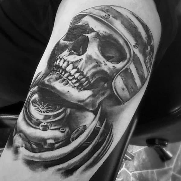Realistic **skull and turbocharger** tattoo with a vintage racing helmet, featuring bold shading and fine details, symbolizing speed, power, and the thrill of racing.