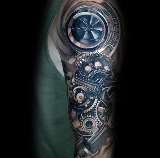 Realistic **biomechanical sleeve tattoo** featuring a **turbocharger, gears, and mechanical components**, symbolizing power, speed, and a fusion of man and machine.