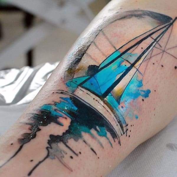 Turquoise Watercolor Ship Tattoo On Calves For Guys