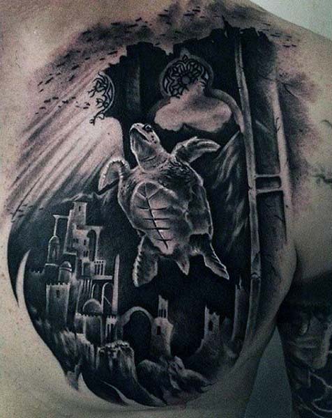 Turtle Mens 3d Black Ink Shaded Chest Tattoos