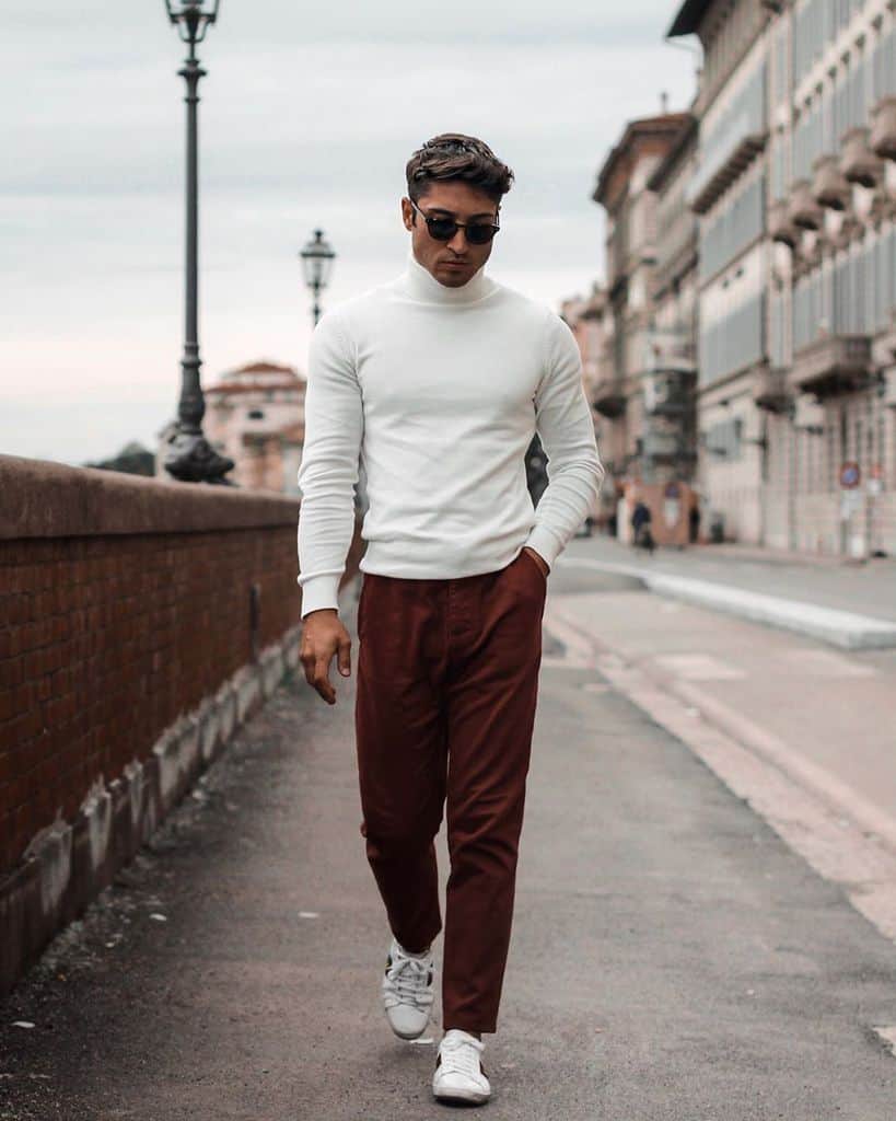 Turtle Neck White Sweater Red Pants Mens Wear
