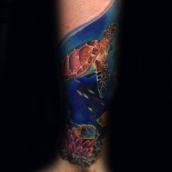 Turtle Swimming Under Water Artistic Mens Leg Sleeve Tattoos