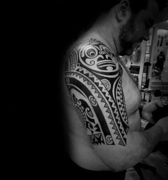 Turtle With Sun Male Tribal Half Sleeve Tattoo Hawaiian Design