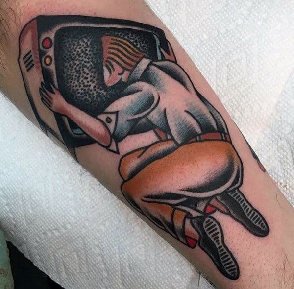 Tattoo of a person in vintage clothing embracing a static-filled TV, with their head disappearing into the screen, symbolizing media obsession and escapism.