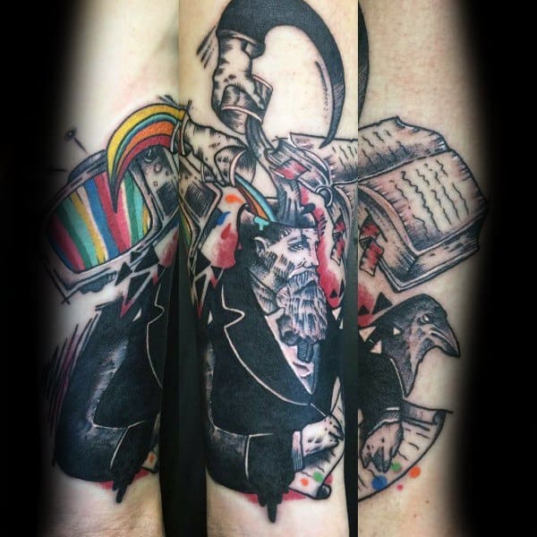 Surreal tattoo featuring a vintage TV with a rainbow test screen exploding, a grim reaper, an open book, a suited goat-headed figure, and a raven.