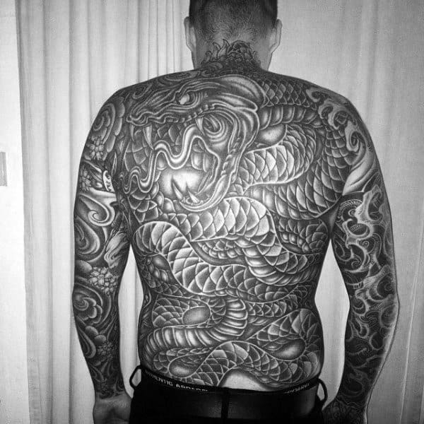 Twisted Serpents Tattoo Black And Grey Shaded Tattoo Mens Full Back