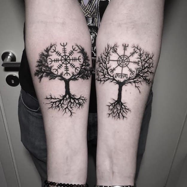 Matching Yggdrasil tattoos with Vegvisir and Helm of Awe symbols, representing guidance, protection, and Norse mythology.