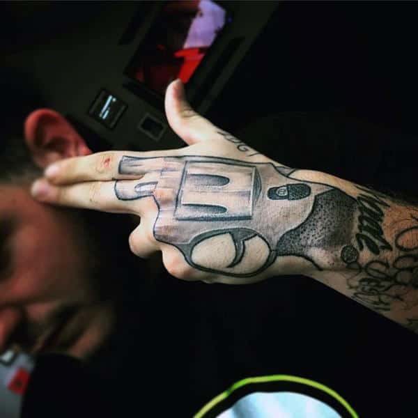 Two Barrel Pistol Tattoo On Hands For Men