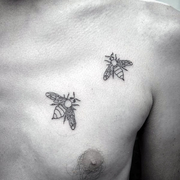 Two Bees Flying Mens Small Simple Chest Tattoo Ideas