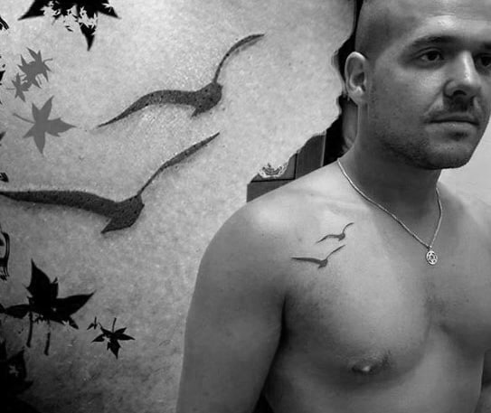 Two Black Ink Seagulls Tattoo On Upper Chest For Gentlemen