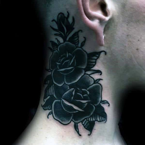 Two Black Rose Flowers Mens Traditional Neck Tattoos