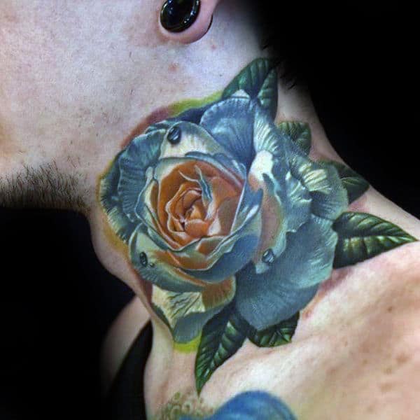 Realistic throat tattoo of a two-toned rose in shades of blue and orange, detailed with water droplets and rich green leaves