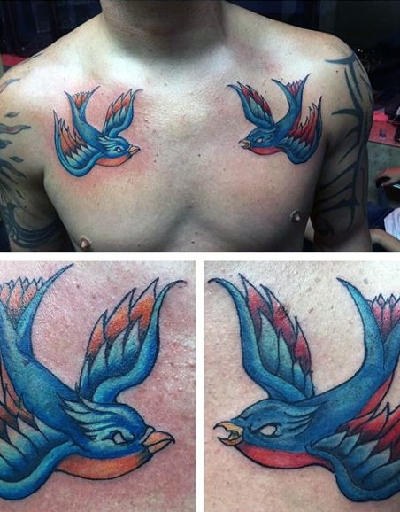 Two Copper Blue Sparrow Tattoos Mens Chest