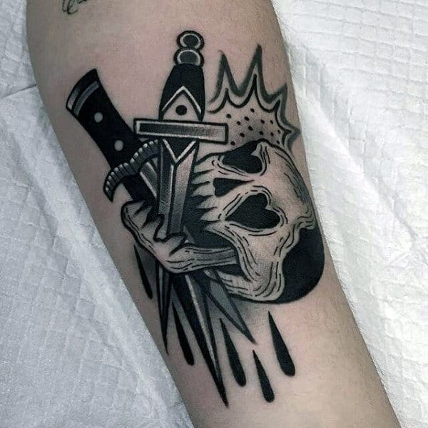 Two Daggers And Skull Tattoo Male Forearms