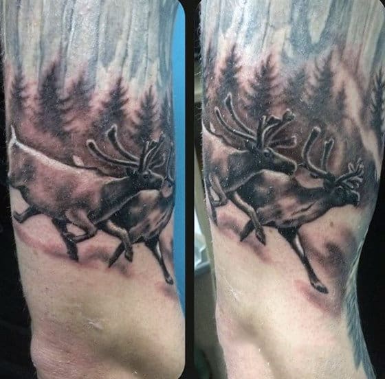 Two Deer Running In Forest Mens Animal Tattoos