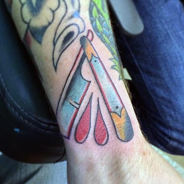 Two Drops Of Blood And Straight Razor Tattoo Male Forearm