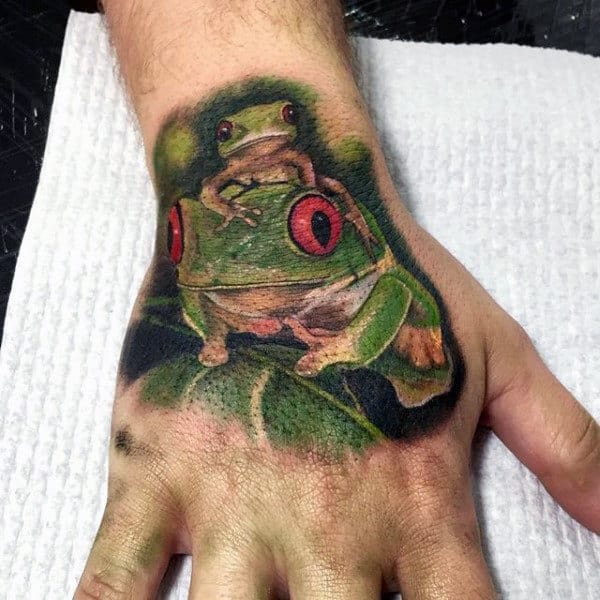 Two Frogs Mens Realistic Hand Tattoo
