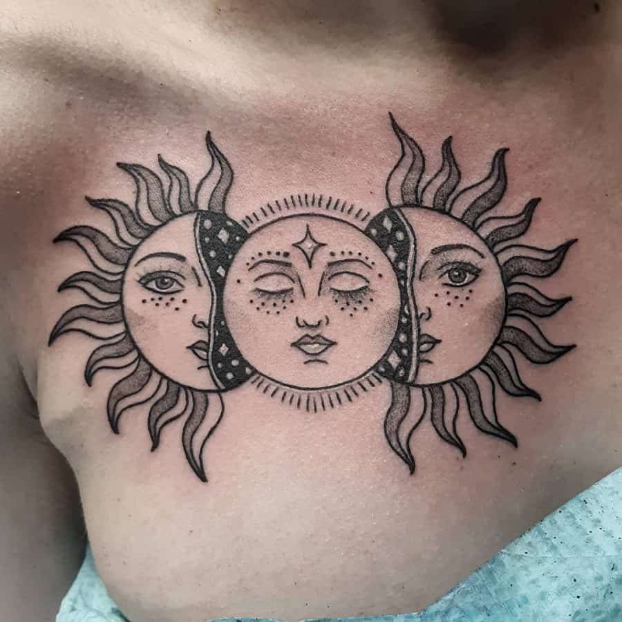 Black ink tattoo of three celestial faces blending sun and moon elements, with intricate shading, dotwork, and radiant sun rays on the chest.