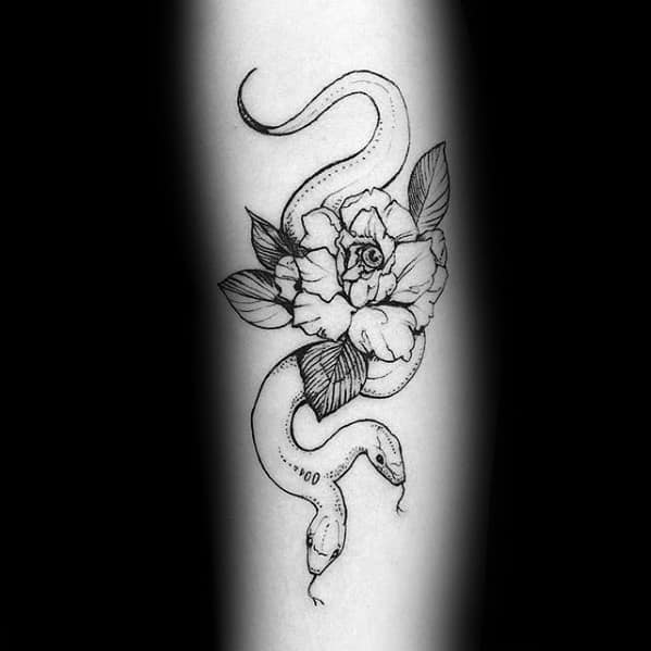 Delicate black and grey two-headed snake tattoo intertwined with a detailed blooming flower, creating an elegant and intricate design.