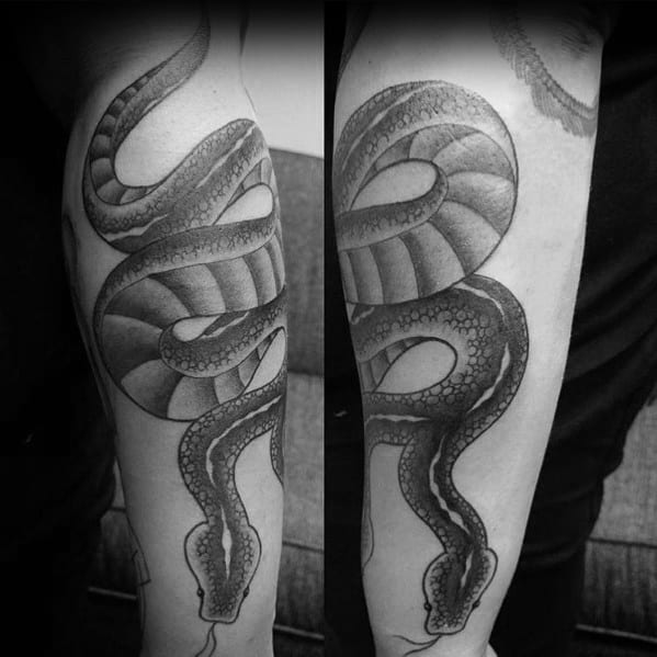 Black and grey two-headed snake tattoo on the forearm, featuring bold shading and intricate scale details for a striking and realistic look.