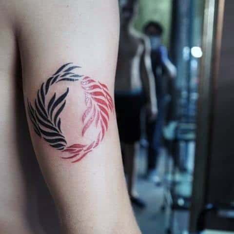 Two Koi Fish Black And Red Ink Mens Simple Arm Tattoos