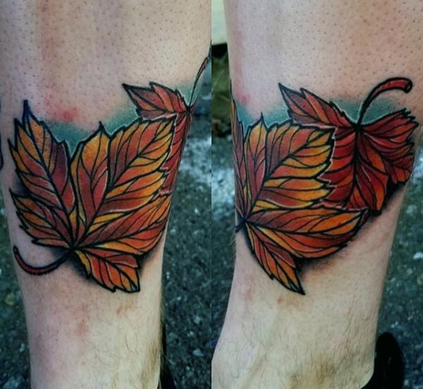 Two Leaves Mens Fall Lower Leg Tattoos