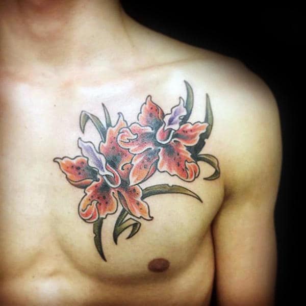 Two Orchid Flowers Tattoo On Mans Upper Chest