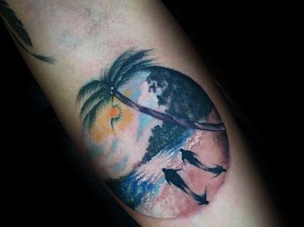 Two People Walking On Beach Guys Small Inner Forearm Tattoo