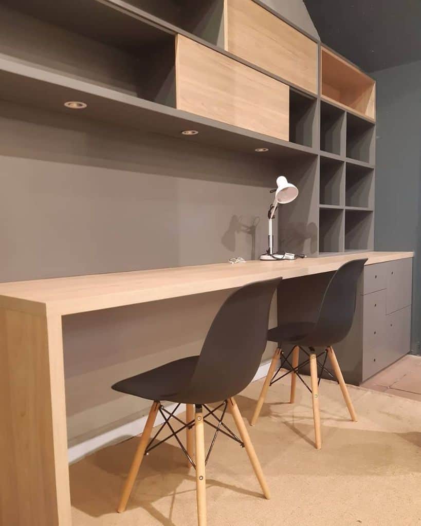 large two person home office desk with shelves and chairs 