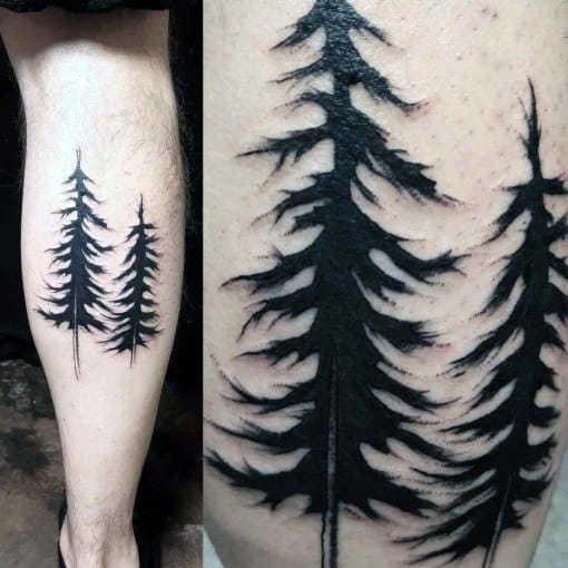Two Pine Trees Male Leg Calf Simple Tattoo Designs