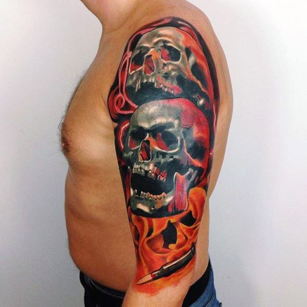 Two Skulls With Flames Guys Unique Half Sleeve Tattoo Designs