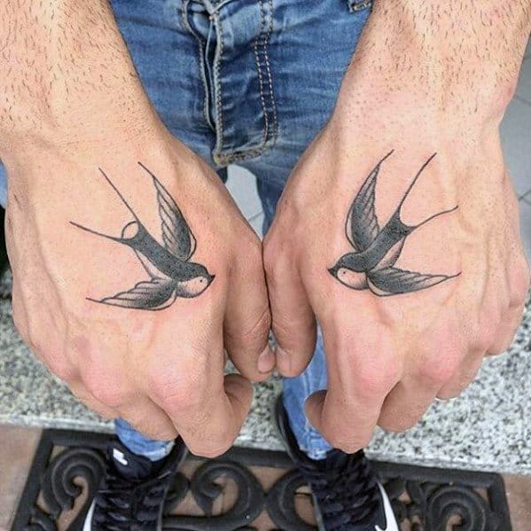 Two Sparrow Birds Guys Small Tattoo On Hand