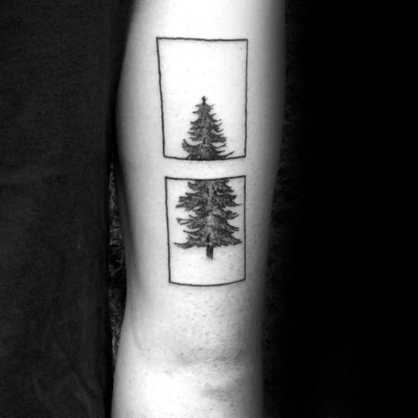 Two Squares Simple Pine Tree Geometric Tattoo Ideas For Men On Triceps