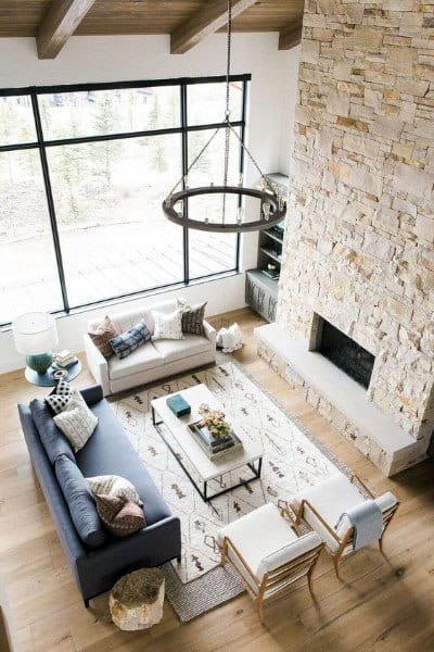 Two Story Stone Fireplace Great Room Ideas