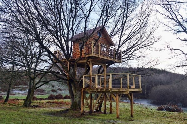 A cozy treehouse with a deck sits in a leafless tree by a river, surrounded by a grassy field and forest
