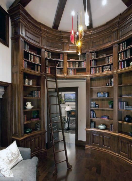 Cozy library with a ladder, curved wooden shelves filled with books, and elegant lighting