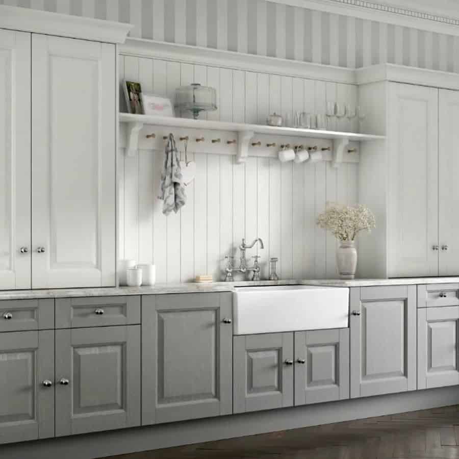 two tone white and gray kitchen shiplap accent wall apron sink