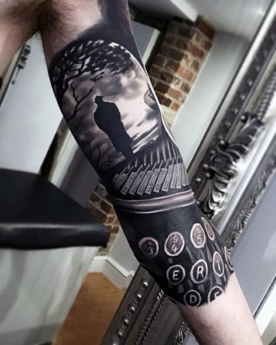 Typewriter With Man In Black Coat Mens 3d Half Sleeve Arm Tattoo