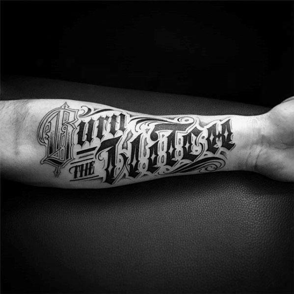 Typography Guys Tattoo Designs On Inner Forearm Burn The Witch Words