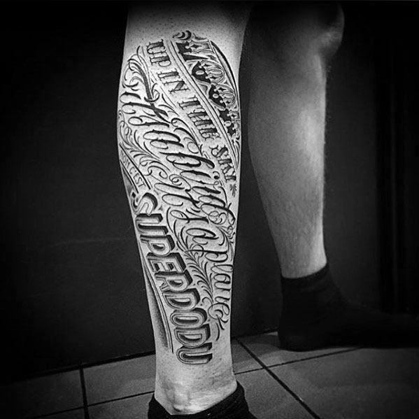 Typography Tattoo On Men Leg Sleeve
