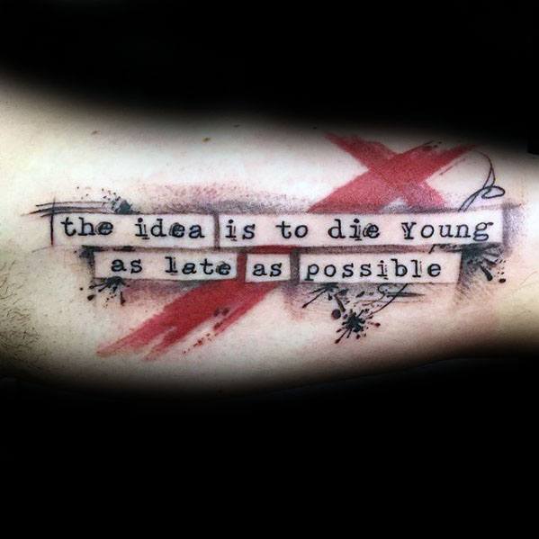 Typography Tattoos Men With Trash Polka Design On Inner Arm Bicep