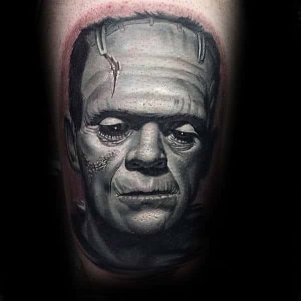 Ultra Detailed Male Frankenstein Face Tattoo On Thigh