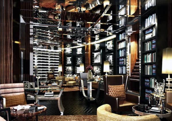 Luxurious modern man cave with black shelves, plush seating, and a reflective ceiling