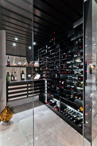 Modern wine cellar with wall-mounted wine racks, assorted bottles, and a well-lit, glass-enclosed display area