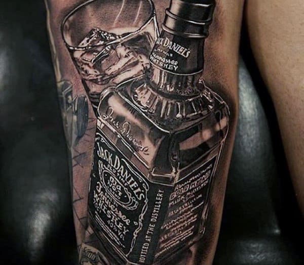 Ultra Realistic 3d Jack Daniels With Glass Mens Arm Tattoo